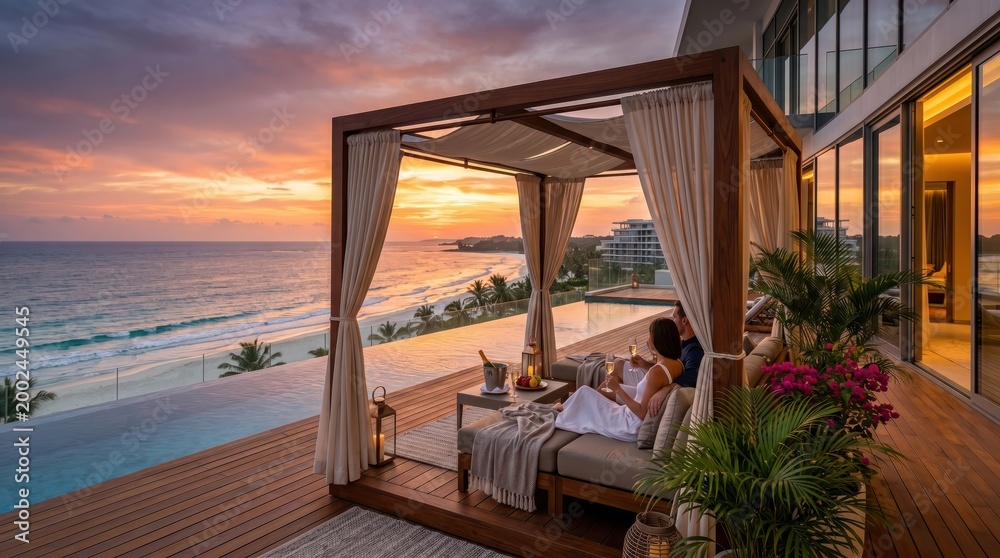 Fototapeta premium Oceanfront resort terrace with cabana infinity pool couple and sunset view