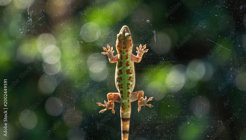 Fototapeta premium Close-up of a Geckos Underside on a Glass Surface with Blurred Green Foliage Background.