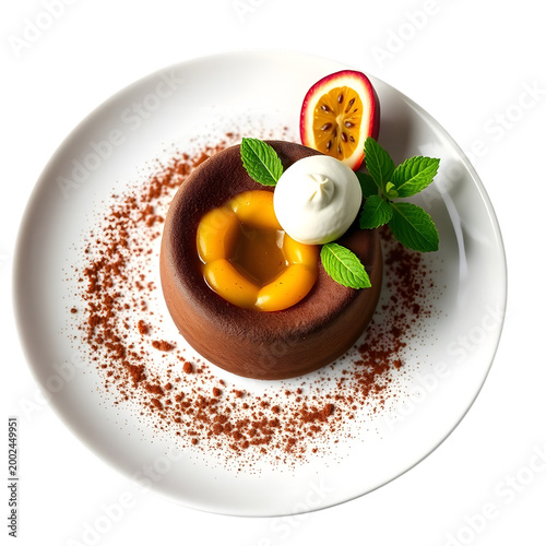 Delicious chocolate lava cake with rich molten center, fresh peach slices, creamy topping, mint leaves, and passion fruit on transparent background