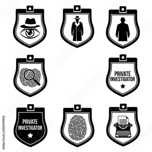Detective Badge Icons: Eye, Fingerprint, Investigator, Typewriter, Silhouette