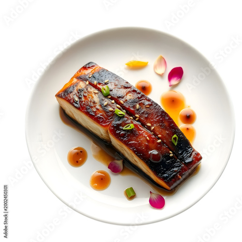 A perfectly glazed piece of grilled fish fillet seasoned with sesame seeds and chopped scallions served on a small white ceramic plate with decorative flower petals on transparent background