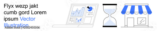 Data analysis, time management, small business, retail, productivity, digital economy. Laptop with graphs, hourglass storefront. Data analysis and time management ideas visually