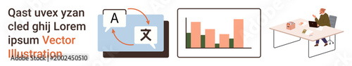 Language learning, communication tools, data visualization, business analytics, remote work, global collaboration. Translation icon, bar graph person at desk with a laptop. Language learning