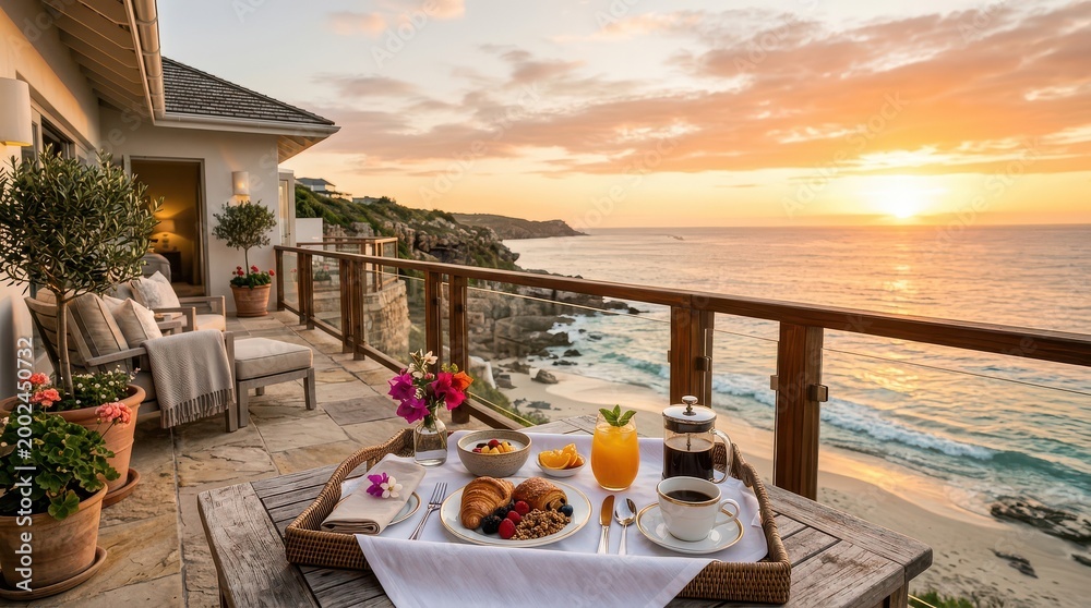 Fototapeta premium Breakfast tray on oceanfront terrace at sunset