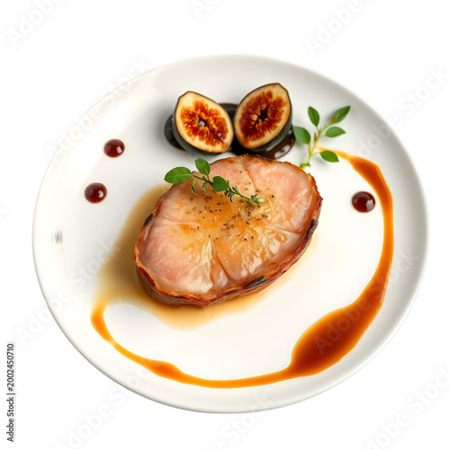 Gourmet bacon-wrapped pork medallion served with fig halves and rich sauce on a clean white plate on transparent background