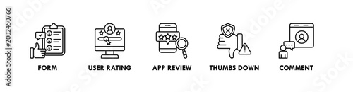 Feedback and Review banner web icon illustration concept with icon of form, user rating, app review, thumbs down, and comment
