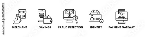 Embedded Finance web icon illustration concept with icon of merchant, savings, fraud detection, identity, and payment gateway