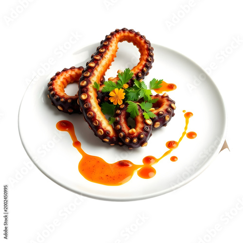 Grilled octopus tentacles are artistically arranged and garnished with fresh parsley and a vibrant orange flower, served with a drizzle of spicy sauce on transparent background