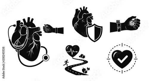 Healthy Heart Icons: Stethoscope, Smartwatch, Shield, Running, Checkmark