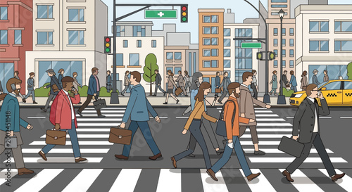 Diverse group of business people walking across a city crosswalk.