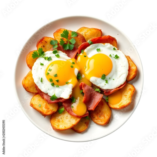 Two perfectly cooked fried eggs with runny yolks, crispy bacon, and golden roasted potatoes, garnished with fresh parsley and chives on transparent background