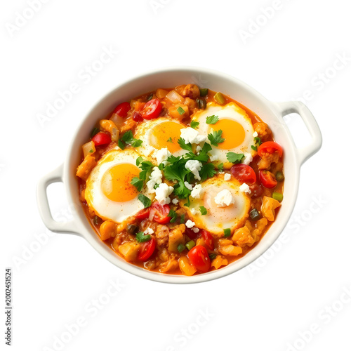 A delicious and hearty serving of shakshuka with eggs, vegetables, and feta cheese in a white dish on transparent background