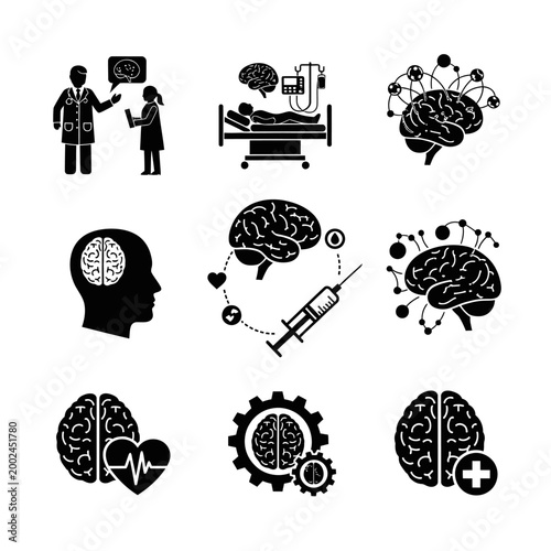 Medical Brain Icons Set: Doctor, Patient, Syringe, Heartbeat, Gear
