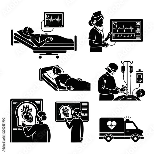 Medical Icons: Hospital Care, Surgery, Diagnostics, Ambulance