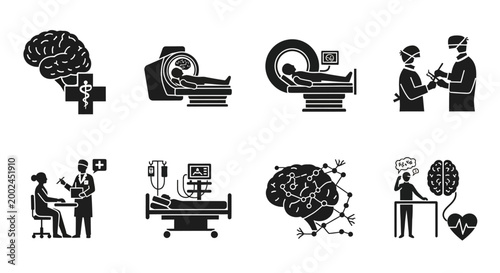 Medical Icons Set: Brain, MRI, Surgery, Doctor, Patient, Hospital Bed, Neuroscience