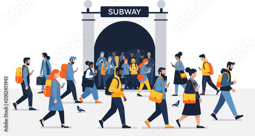 Diverse group of commuters walking near a busy subway station entrance.