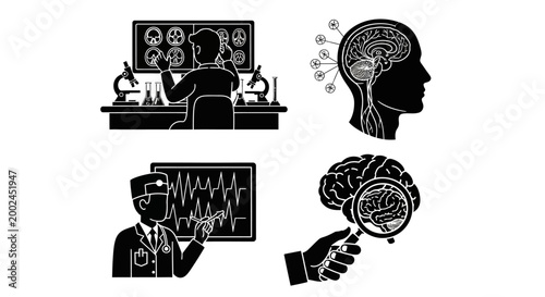 Medical Research and Brain Science Icons: Neurology, Diagnosis, and Innovation