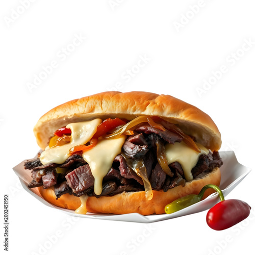 Juicy steak and melted cheese sandwich with caramelized onions and peppers piled high on a toasted bun on transparent background