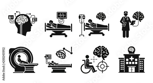 Medical Technology Icons: Brain Scan, MRI, Hospital, Doctor, Patient Care