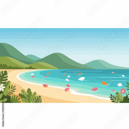Colorful Beach Scene with Inflatable Toys.