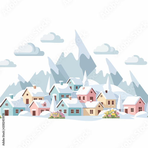 Colorful Cartoon Houses in Snowy Village Scene.