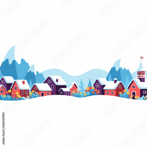Colorful Cartoon Winter Village Scene Illustration.