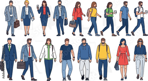 Diverse group of people walking in different casual and professional outfits.