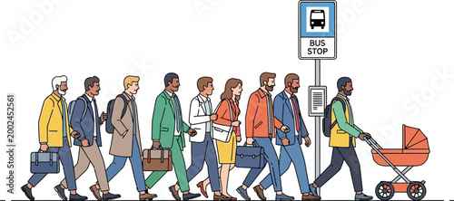 Diverse group of people walking in a queue towards a bus stop.