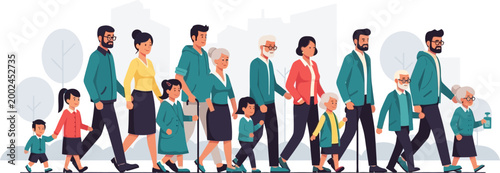 Diverse group of people walking together in a line illustration.