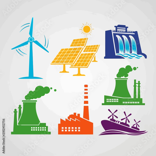 Renewable Energy and Industry Icons: Wind, Solar, Hydro, Nuclear, Factory