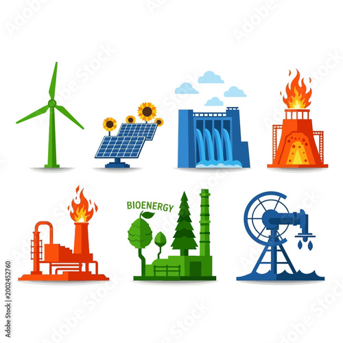 Renewable and Traditional Energy Sources Icons: Wind, Solar, Hydro, Bio, Oil, Fossil Fuel