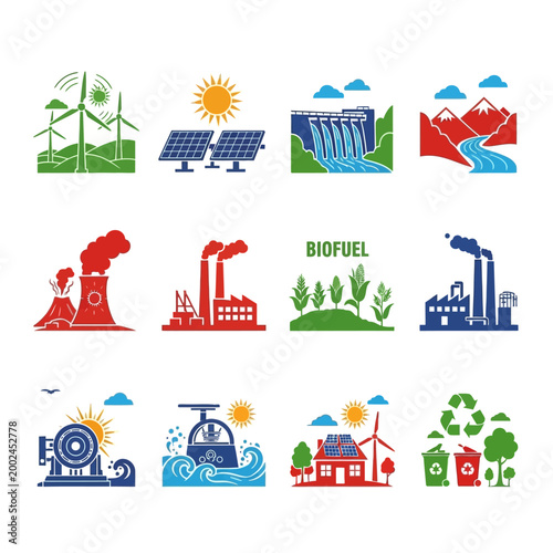 Renewable Energy Sources and Industry Icons Set