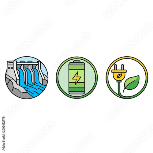 Renewable Energy Sources Icons: Dam, Battery, Eco Plug
