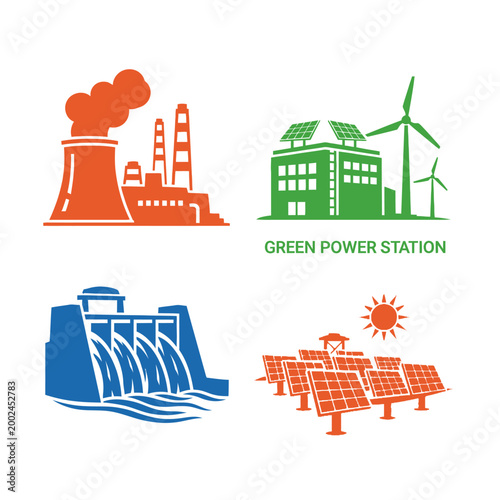 Renewable energy sources and traditional power plant icons collage