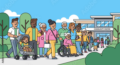 Diverse group of people walking together outside a community center.