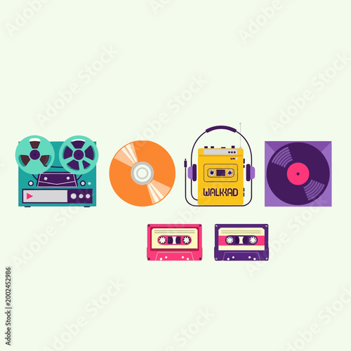 Retro Music Devices: Reel-to-Reel, CD, Walkman, Vinyl, Cassettes