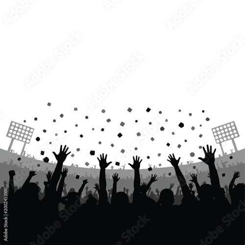 Wide shot of a stadium crowd silhouette with hands raised and geometric confetti pieces falling, high contrast monochrome, elegant celebratory mood, minimalist flat vector artwork, clipart