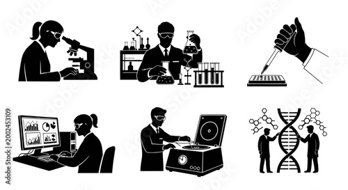 Science Laboratory Icons: Research, Genetics, Chemistry, Biology, Technology