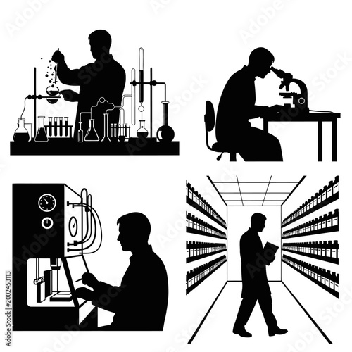 Scientist Silhouette Set: Lab Work, Microscopy, Equipment, and Pharmacy Inventory