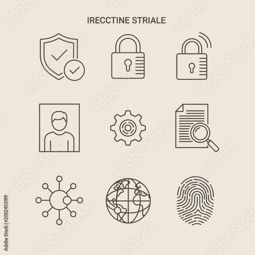 Security Icons: Shield, Lock, Profile, Gear, Document, Network, Globe, Fingerprint