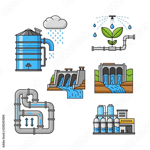 Water Management Icons: Irrigation, Dam, Reservoir, Factory, Plumbing