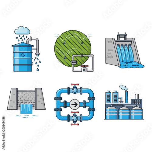 Water Management Icons: Rainwater Harvesting, Irrigation, Dam, Factory