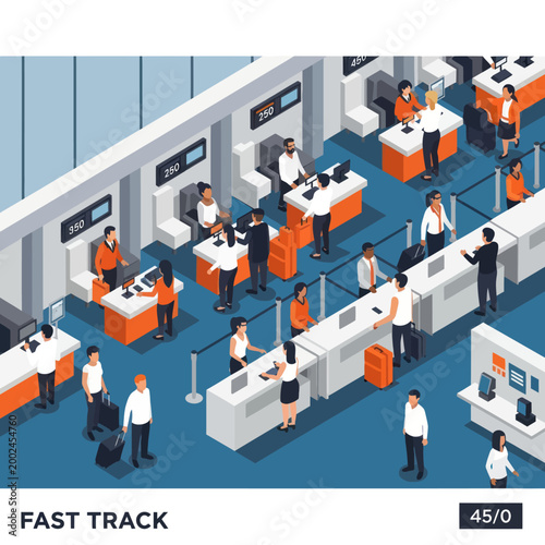 Airport Fast Track Security Checkpoint with Passengers and Staff.