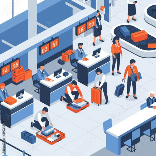 Airport passengers and staff at check-in counters and baggage claim.