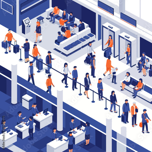 Airport security check with passengers and staff in isometric view.