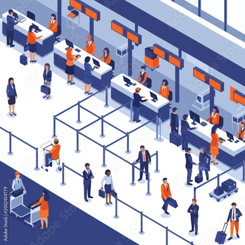 Airport Check-in Counter with Travelers and Staff.
