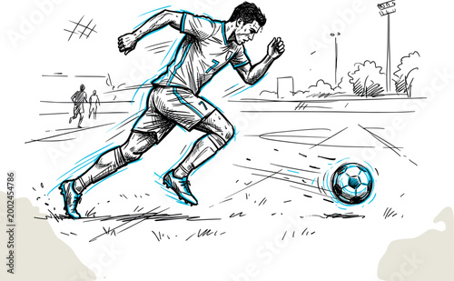 Soccer player sprinting towards the ball on a field