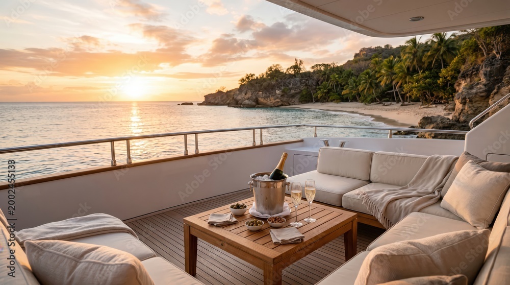 Fototapeta premium Yacht lounge deck with champagne and tropical coastline sunset