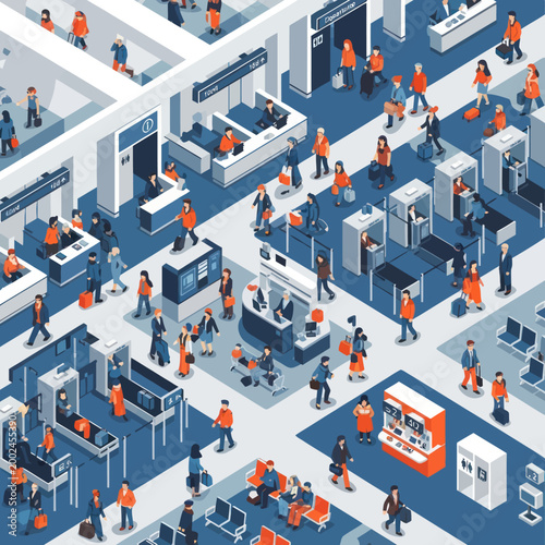 Busy airport terminal with travelers and security checkpoints.