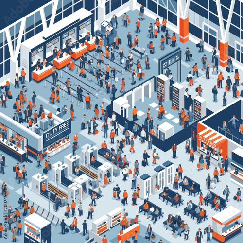 Busy Airport Terminal with Travelers and Security Checkpoints.